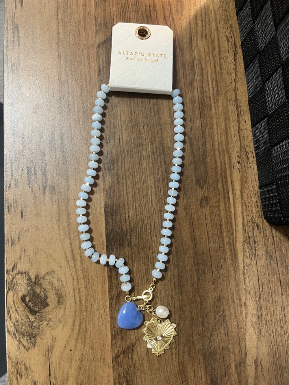 Altar'd State Light Blue Beaded Necklace with Gold and Blue Charms